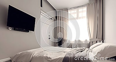 Black flat empty tv screen hanging on wall of modern white bedroom or hotel room Stock Photo