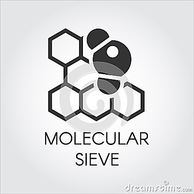Black flat icon of molecular sieve concept. Series labels of chemical formulas and compounds. Vector illustration Vector Illustration