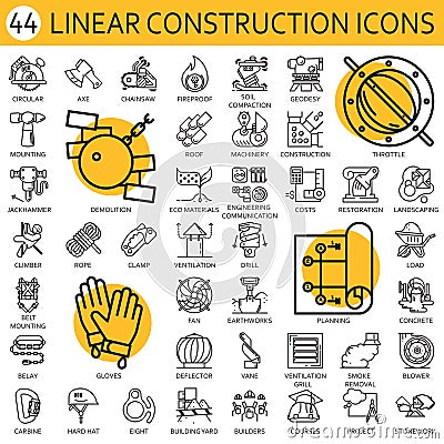 Black flat line vector set icon with a picture of a symbol construction equipment build tool on white background. Vector Illustration