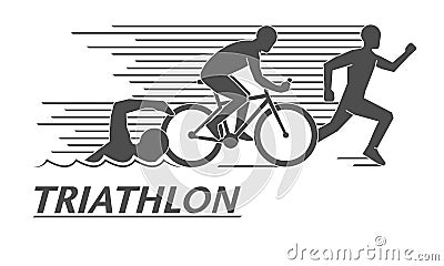 Black flat logo triathlon. Vector figures triathletes. Stock Photo