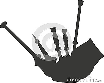 Black flat silhouette of a bagpipe with pipes. Vector Illustration