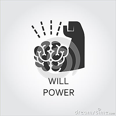 Black flat vector icon willpower as brain and muscle hand Vector Illustration