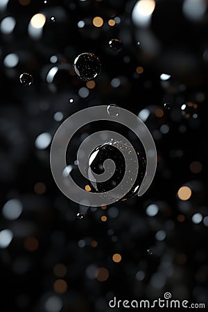 Black Floating Bubbles, Close-up image of black bubbles floating in a dark setting, creating a visually intriguing and Stock Photo