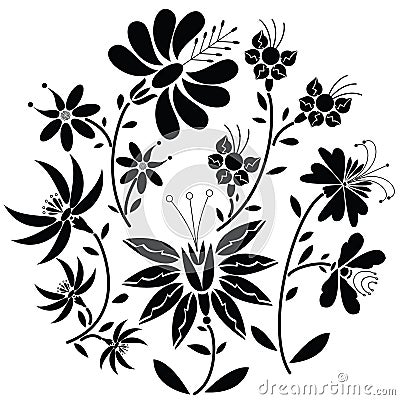 Black Floral folk pattern in circle shape on white background Vector Illustration