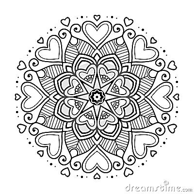 Black floral mandala with hearts Vector Illustration