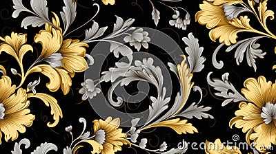 a black floral ornament in a retro style. Showcase intricate flower and curl motifs, evoking a sense of vintage charm Stock Photo