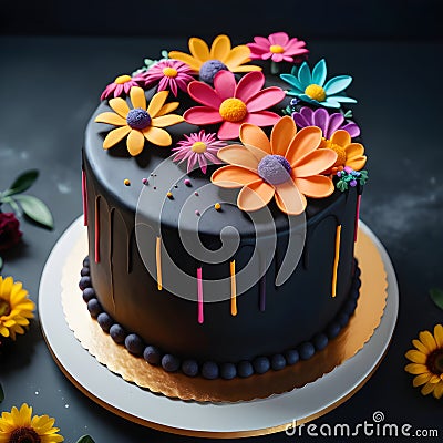 Black fondant cake with flowers Stock Photo