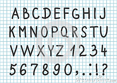Black font hand drawn alphabet, numbers and characters on checkered notebook background. Vector Cartoon Illustration