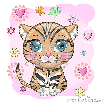 Black footed cat with beautiful eyes in cartoon style Vector Illustration