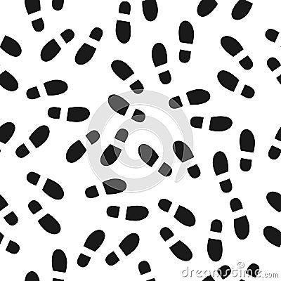 Black footprints seamless pattern white background. Footsteps silhouette Vector Illustration