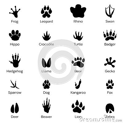 Black footprints shapes of animals. Elephant, leopard, reptile and tiger. Different steps Vector Illustration