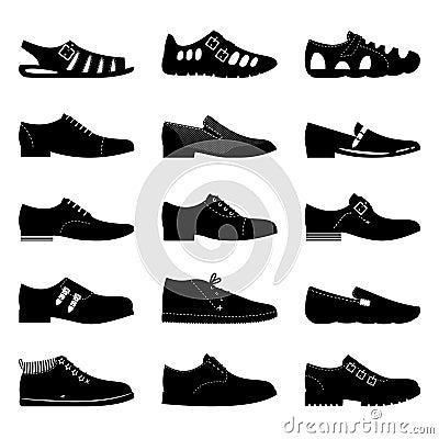 Black footwear icon set. Boots, sniekers signs, shoes icons silhouettes isolated on white background Vector Illustration