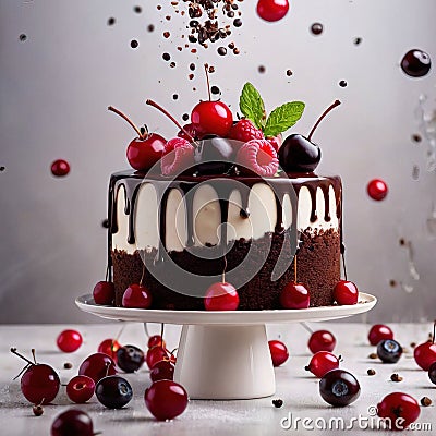 Black Forest cake, chocolate dessert with cream and fruit Stock Photo