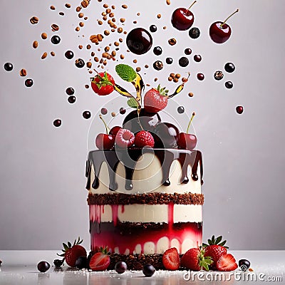 Black Forest cake, chocolate dessert with cream and fruit Stock Photo