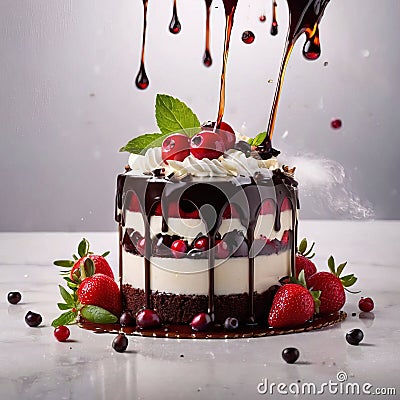 Black Forest cake, chocolate dessert with cream and fruit Stock Photo