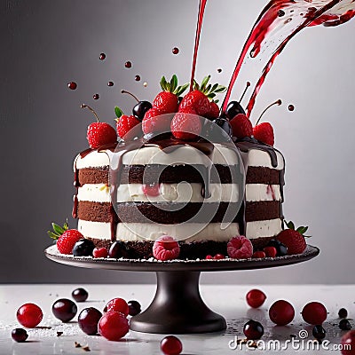 Black Forest cake, chocolate dessert with cream and fruit Stock Photo