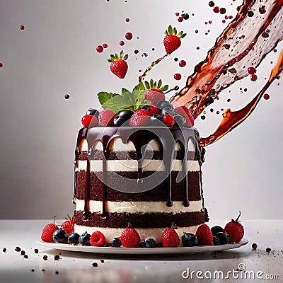 Black Forest cake, chocolate dessert with cream and fruit Stock Photo