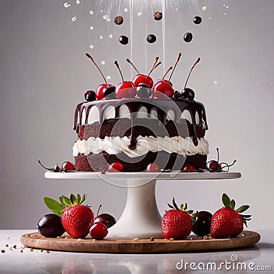 Black Forest cake, chocolate dessert with cream and fruit Stock Photo