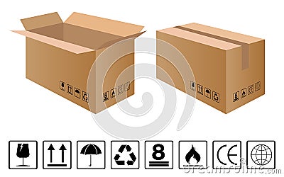 Black fragile symbol set with brown cardboard packaging design. Vector Illustration