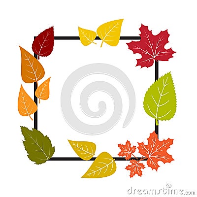 Black frame with colorful leaves. Design autumn banner. isolated white background. Vector illustration Cartoon Illustration