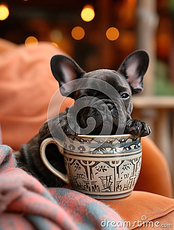 black french bulldog puppy sitting in a mug Stock Photo