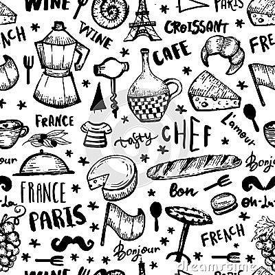 Black French seamless pattern, france background, doodle hand drawn croissant, paris decoration, cafe banner Vector Illustration