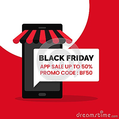 Black Friday app sale discount promotion social media poster background graphic template. Smartphone icon with striped store Cartoon Illustration