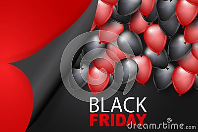 Black Friday banner design template. Big sale advertising promo concept with balloons, peeling off wrapping paper and typography Vector Illustration