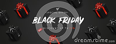 Black Friday banner with realistic black gift boxes. Vector illustration Cartoon Illustration