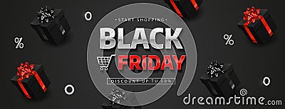 Black Friday banner with realistic black gift boxes. Vector illustration Cartoon Illustration