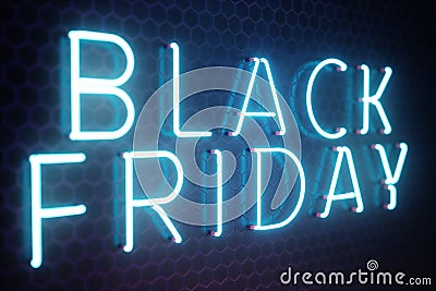 Black Friday - Friday with a big sale. Sales, joy, success. Blue Glow Neon banner, discounts. 3D illustration Cartoon Illustration