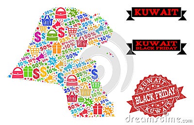 Black Friday Composition of Mosaic Map of Kuwait and Textured Stamp Vector Illustration