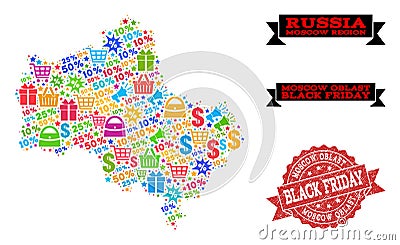 Black Friday Composition of Mosaic Map of Moscow Region and Distress Stamp Vector Illustration