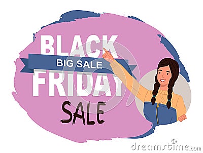 Black friday concept. Sale banner with beautiful woman extended her hand and points to something Vector Illustration