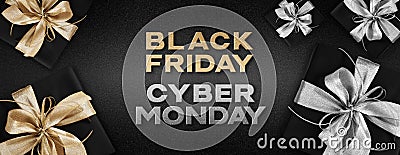 Black friday and cyber monday text write with gift packages wrapped with golden and silver ribbon bow isolated on black background Stock Photo