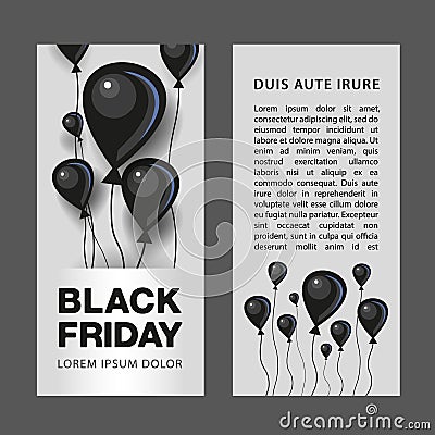 Black Friday discount card template. Flat black air balloons for big sale flyer, cover and banner. Vector Illustration