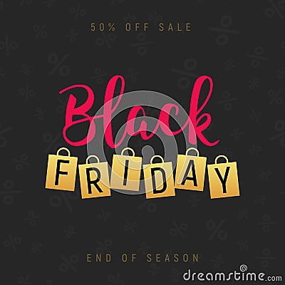 Black friday gold lettering handmade banner discount sale. Black friday label promo poster with shopping bag Vector Illustration