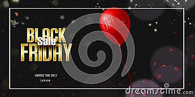 Black friday gold lettering sale banners with confetti and serpentine. Dark background with red balloon for seasonal discount Stock Photo