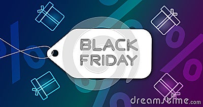 Black friday neon design with gift boxes and multiline lettering Vector Illustration