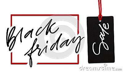 Black Friday - handwritten inscription. Dark tag. The concept of holiday discounts and sales in retail. Isolated on white Stock Photo