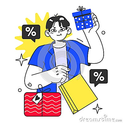 Black friday. Happy character with shopping bags and presents. Vector Illustration