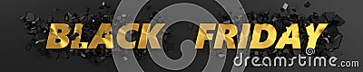 Black friday header with golden text and exploding background. 3d illustration. Cartoon Illustration