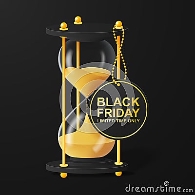 Black Friday. Hourglass concept with gold ball chain and round sticker. Limited time for shopping. Vector Illustration