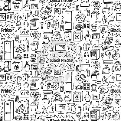 Black Friday household doodle seamless pattern Vector Illustration