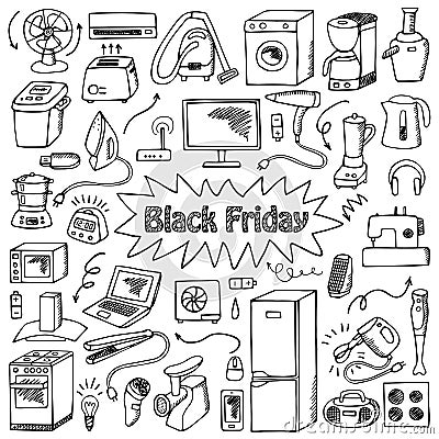 Black Friday household doodle set Vector Illustration