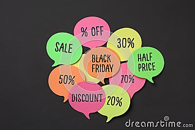 Black friday and labels with different percentages Stock Photo