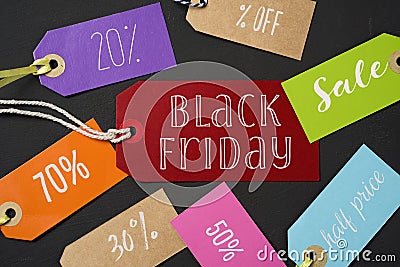 Black friday and labels with different percentages Stock Photo