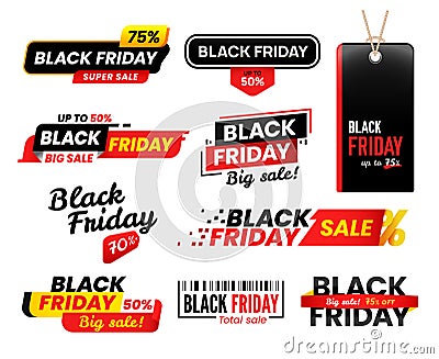 Black friday labels. Sale sticker for thanksgiving fridays sales, shopping tag stickers label designs vector set Vector Illustration