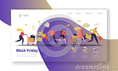 Black Friday Landing Page Template. Seasonal Discount Website Layout with Flat People Characters with Shopping Bags Vector Illustration