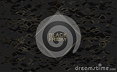 Black friday luxury banner. Golden text on black rhombus label frame. Dark technology geometric gold line pattern background. Vector Illustration